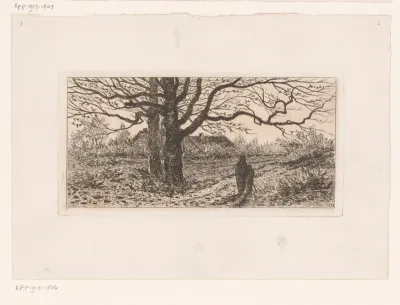 Landschap met twee figuren bij een boerderij en twee grote bomen