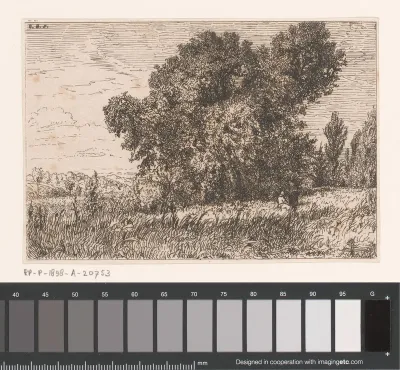 Landschap met twee figuren bij een boom