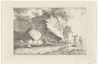 Landschap met twee figuren bij een rots