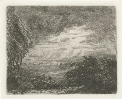 Landschap met twee figuren bij storm en regen
