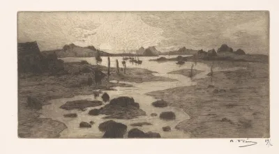 Landschap met twee figuren die langs het water wandelen