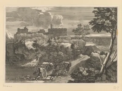 Landschap met twee figuren en een kar op een hellend pad