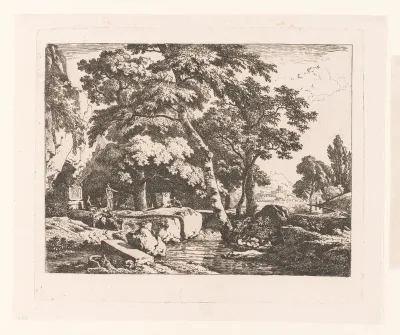 Landschap met twee figuren en een kudde schapen bij een altaar