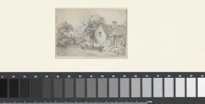 Landschap met twee figuren in een boot voor een boerderij