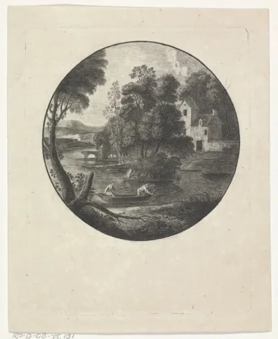 Landschap met twee figuren in een boot