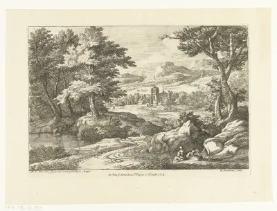 Landschap met twee figuren langs een weg, in de verte een kerk