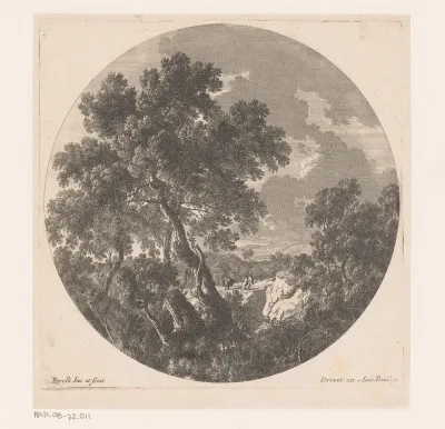 Landschap met twee figuren lopend achter lastdier