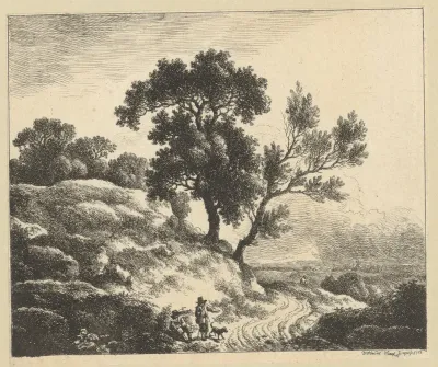 Landschap met twee figuren met hond