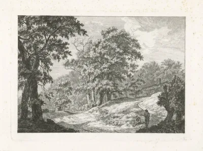 Landschap met twee figuren naast de weg