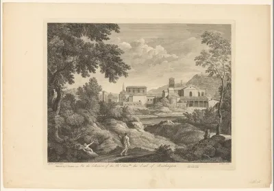 Landschap met twee figuren nabij een stad