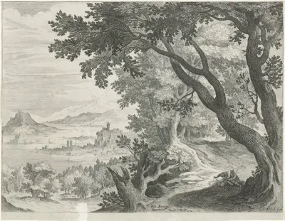 Landschap met twee figuren onder een boom