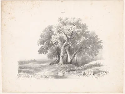 Landschap met twee figuren onder een groep bomen