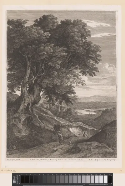 Landschap met twee figuren op een pad bij een boom