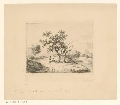 Landschap met twee figuren op een weg onder een boom