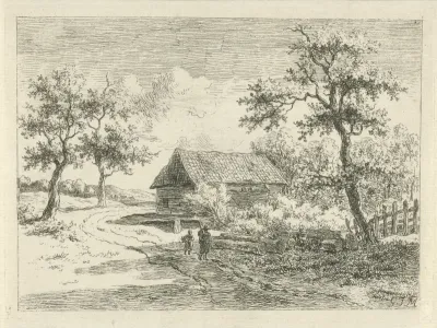 Landschap met twee figuren op weg