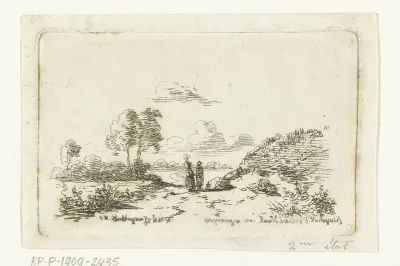 Landschap met twee figuren op zandweg