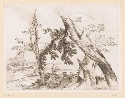 Landschap met twee figuren rustend onder enkele bomen