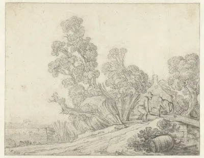 Landschap met twee figuren voor een boerderij