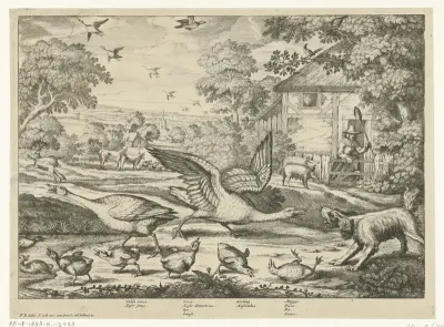 Landschap met twee ganzen die hun jongen verdedigen