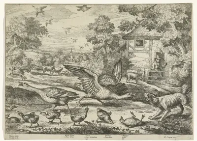 Landschap met twee ganzen die hun jongen verdedigen