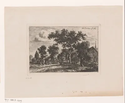 Landschap met twee gebouwen langs een pad