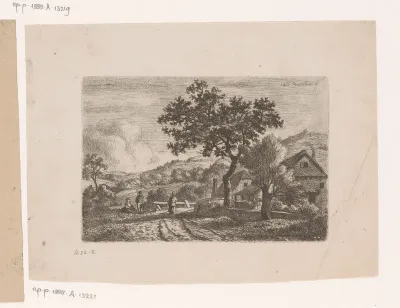 Landschap met twee gebouwen langs een pad