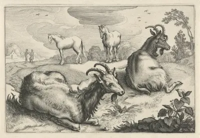 Landschap met twee geiten en twee paarden