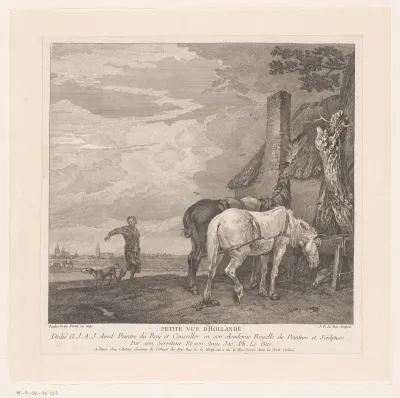 Landschap met twee grazende paarden bij een stal