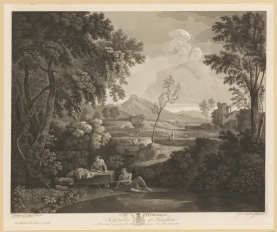 Landschap met twee hengelaars bij een meer