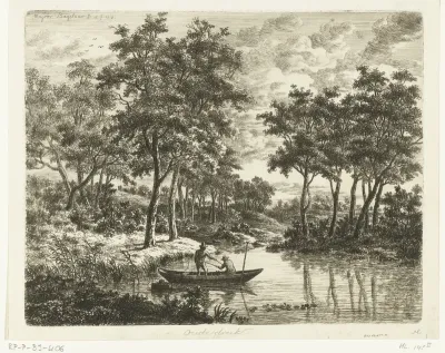 Landschap met twee hengelende vissers in een boot op een vijver