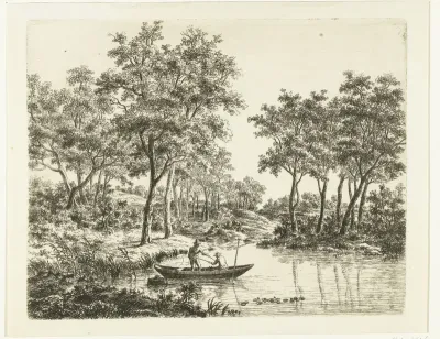 Landschap met twee hengelende vissers in een boot op een vijver