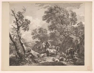 Landschap met twee herderinnen, een herder en hun kudde