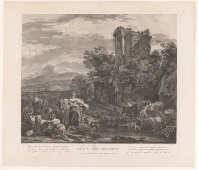 Landschap met twee herderinnen en drinkend vee bij een ruïne