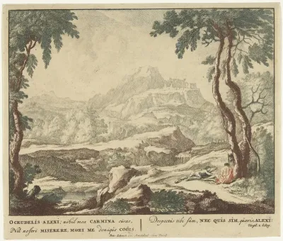 Landschap met twee herders bij een boom