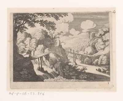 Landschap met twee houten bruggen over rivier en cascade