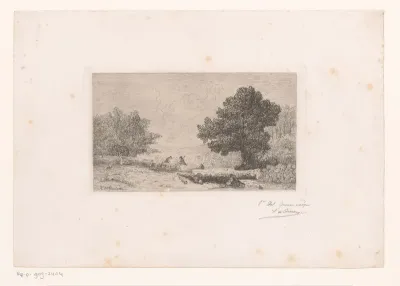 Landschap met twee houthakkers die een boomstam doorzagen