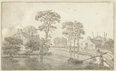Landschap met twee huizen aan een water