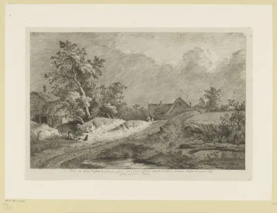 Landschap met twee huizen bij een korenveld