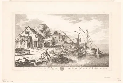 Landschap met twee huizen en bedrijvigheid aan een kade