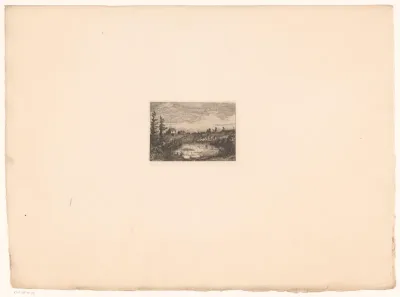 Landschap met twee huizen en een meer