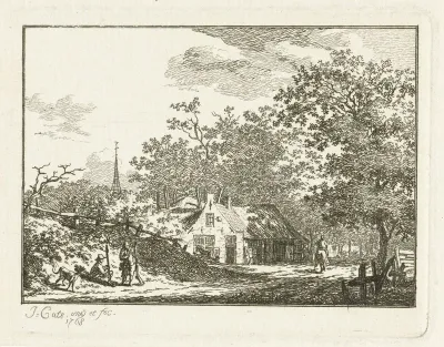 Landschap met twee jagers langs de weg