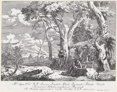 Landschap met twee kluizenaars bij hun hut