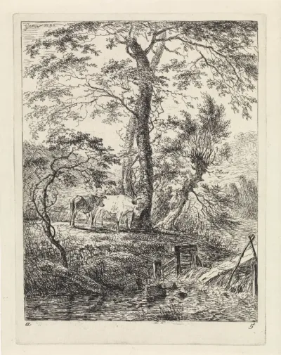 Landschap met twee koeien bij bomen en een beek