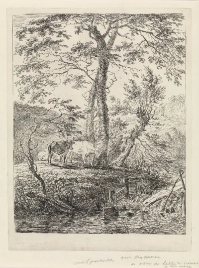 Landschap met twee koeien bij bomen en een beek