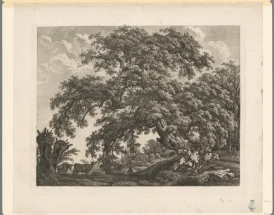 Landschap met twee koeien bij een grote eik