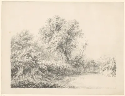 Landschap met twee koeien bij een waterplas