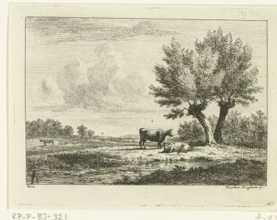 Landschap met twee koeien bij een wilg