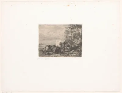 Landschap met twee koeien, een geit en twee schapen