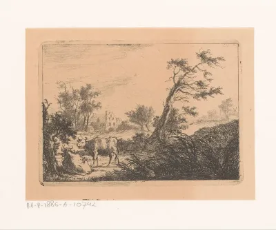 Landschap met twee koeien en bebouwing