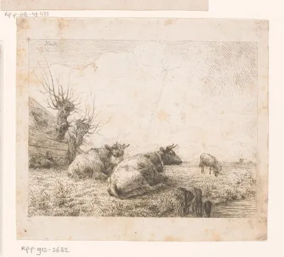 Landschap met twee koeien liggend bij een omheining met twee knotwilgen